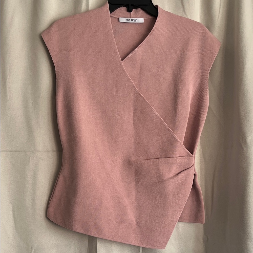 The Fold Light Pink Wrap Style Knot Cap Sleeve‎ Top Blouse Large